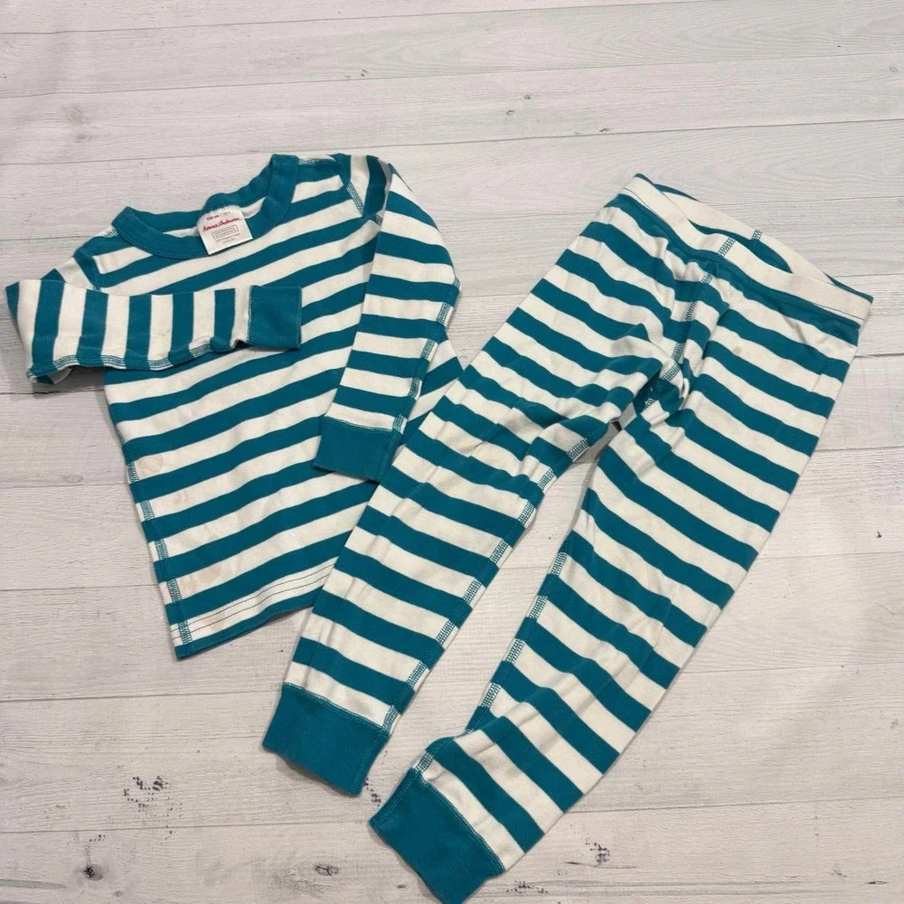 Hanna Andersson kids teal green stripe long John pajamas 100/4 ***play condition
